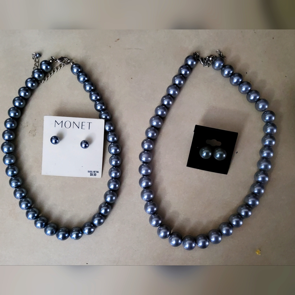 2 Faux Grey Pearl Necklaces And Matching Earrings
